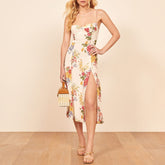 Vintage Midi Dress Side High Slit Spaghetti Strap Dress